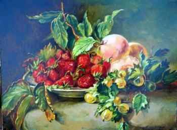 Still-life with a strawberry, peaches and a gooseberry