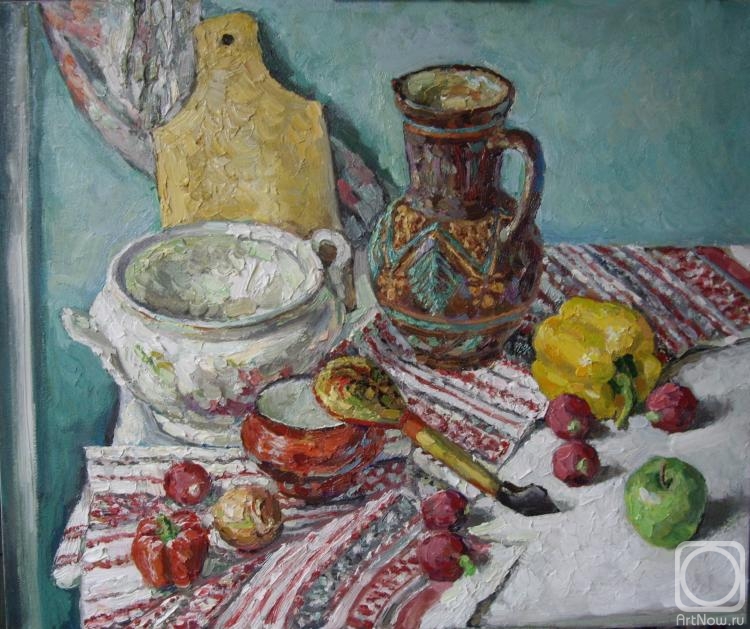 Yaguzhinskaya Anna. Still life with jug and wooden spoon