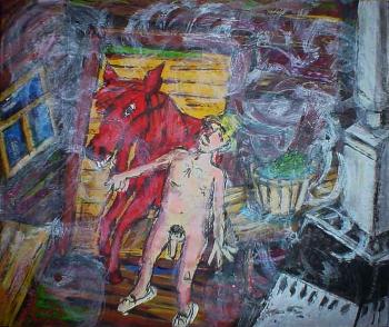 Bathing a red horse. Yevdokimov Sergej