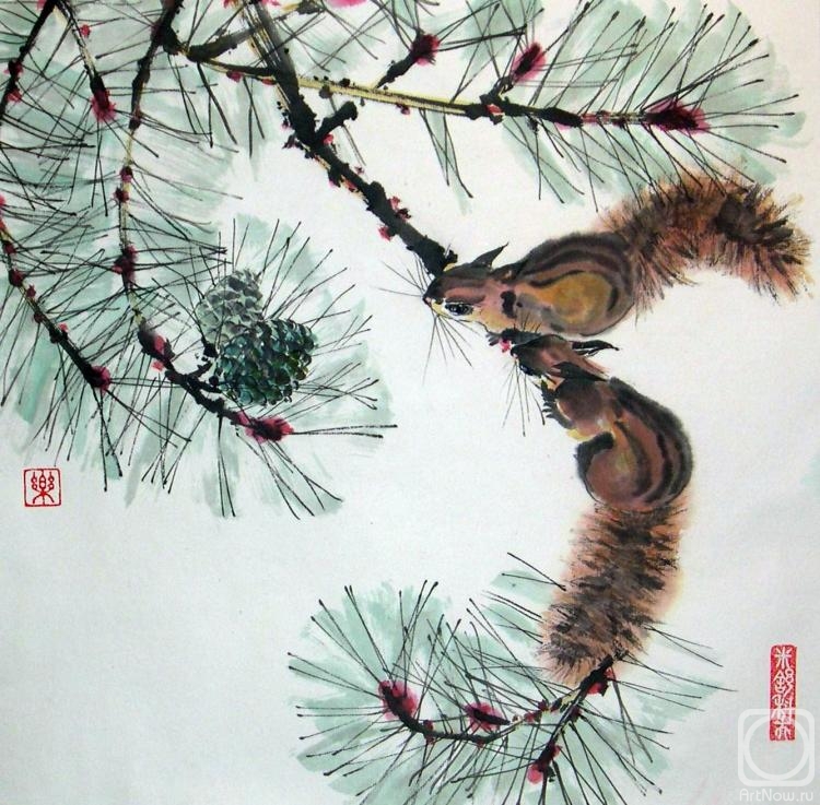 Mishukov Nikolay. Squirrels and pine branch with cones