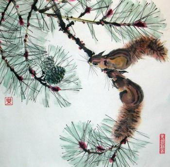 Squirrels and pine branch with cones. Mishukov Nikolay