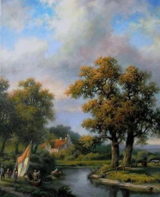 Forest landscape with people and cows by the river (copy from the painting by Marinus Adrianus Koekkoek)