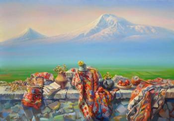 Armenian still life on the background of Mount Ararat (Armenian Painter). Khachatryan Meruzhan