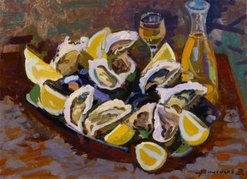 Still life with oysters and white wine. Italy. Valentsov Vladimir