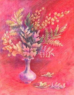 Yellow fern on a red background. Lavrova Elena