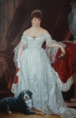 Portrait of a lady in a satin white dress with a dog