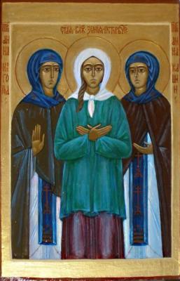 Icon "Selected Saints: Prep. Anna of Novgorod, blazh. Ksenia Peterburgskaya i prep. Anna Kashinskaya". Chugunova Elena