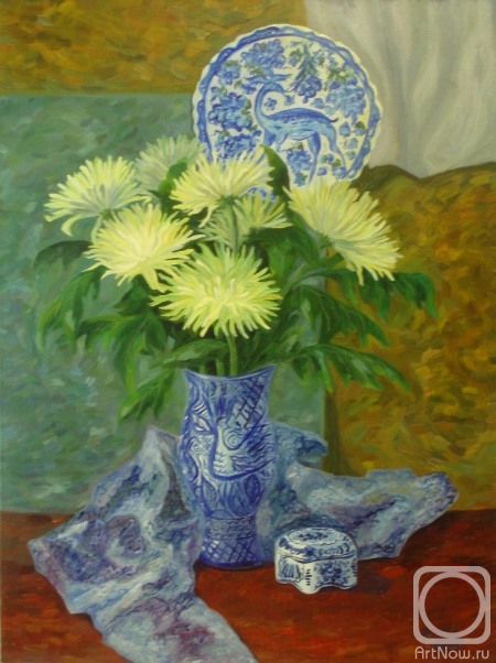 Lukaneva Larissa. Still life with chrysanthemums and porcelain plate