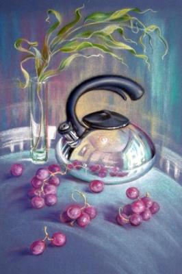 Still life with a new kettle and a dry branch of eucalyptus. Konyuhova Natalia