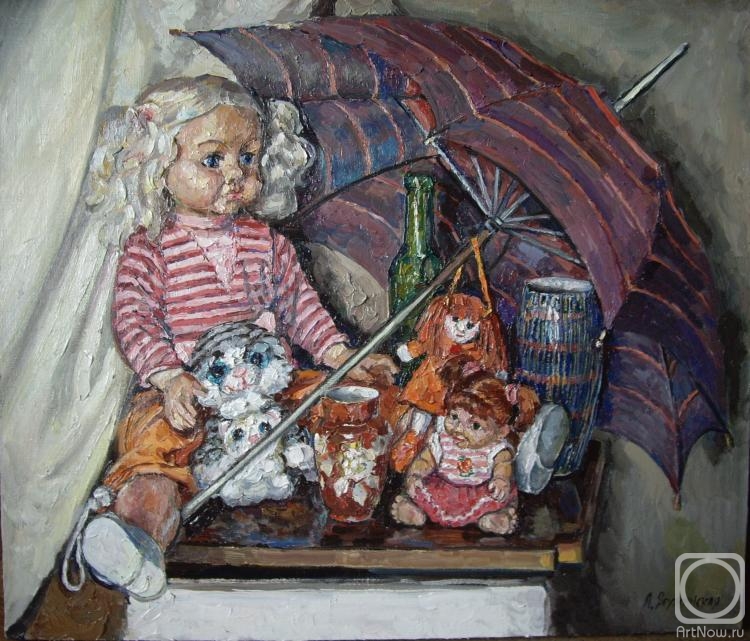 Yaguzhinskaya Anna. Still life with toys and umbrella