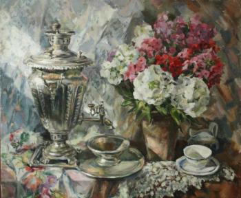 Still life with samovar and flowers. Podporina Maria