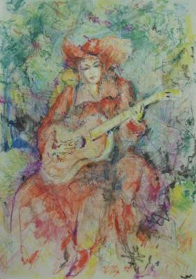 Girl in red with guitar