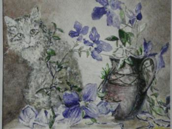Flowers and cat. Dukov Valeri