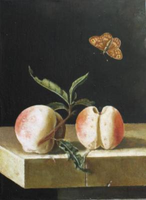Freestyle copy of the still life peaches and a butterfly Adriaen Coorte