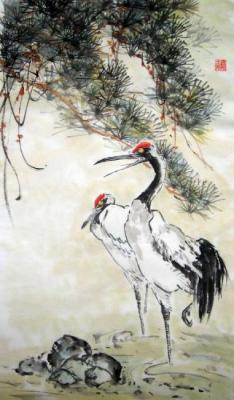 Cranes on the river under the pine