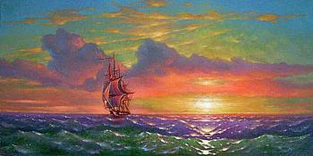 Sunset. Lonely Sailing Ship. Kulagin Oleg