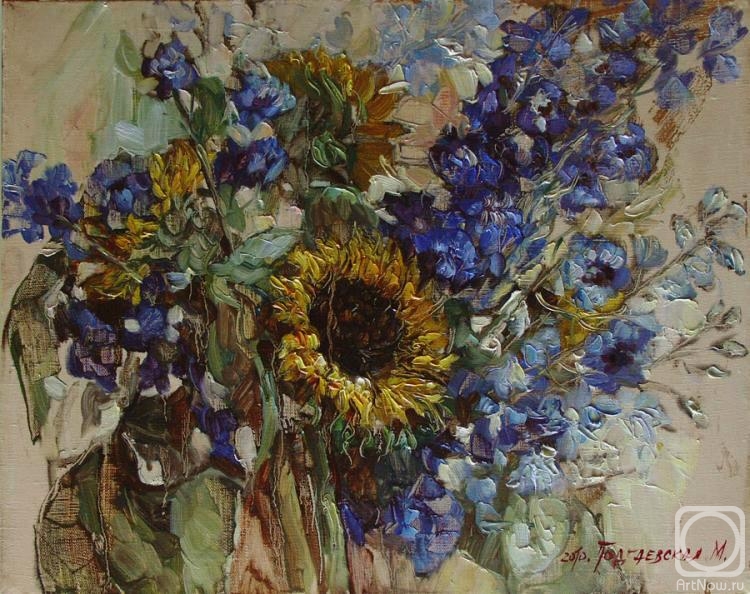 Podgaevskaya Marina. Bouquet with sunflowers and blue delphinium