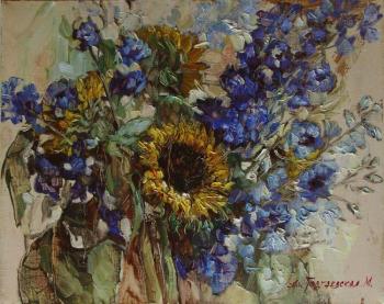 Bouquet with sunflowers and blue delphinium. Podgaevskaya Marina