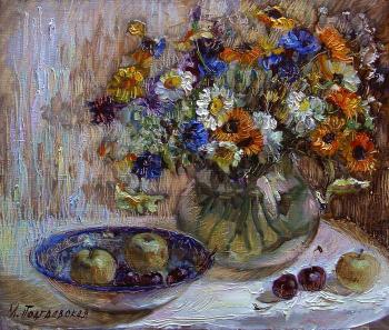 Still life with calendula, apples and cherries