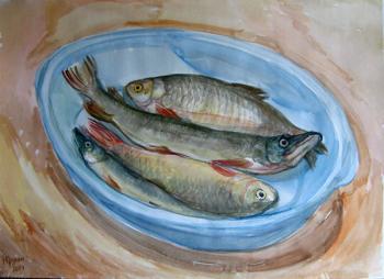 Still life with a pike in a basin. Kruppa Natalia
