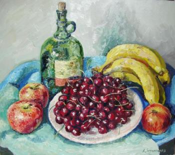 Still life with bananas and cherries