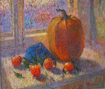 A still-life with a pumpkin and tangerines