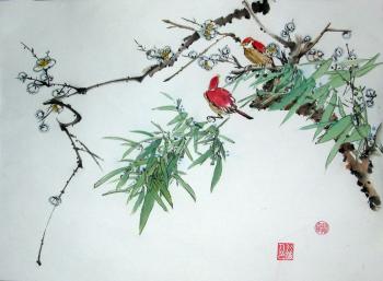 Two red birds, green bamboo, wild plum