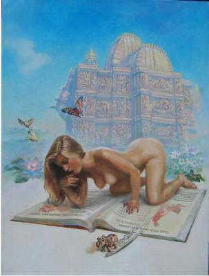 Girl reading Kamasutra on the background of the temple of Kajuraho