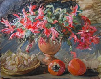 Painting Zygocactus, persimmons, grapes. Dobrovolskaya Gayane
