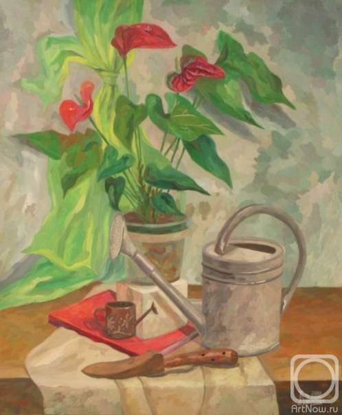 Lukaneva Larissa. Still Life with Red Kalla and a Watering Can