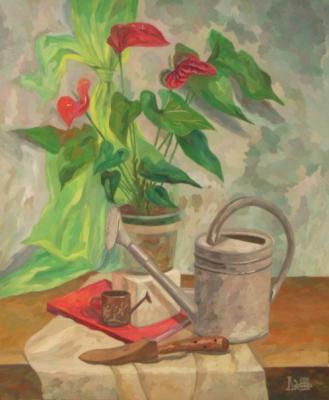 Still Life with Red Kalla and a Watering Can. Lukaneva Larissa