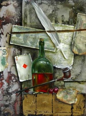 Still life with bottle and feather