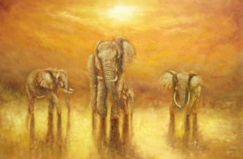 Elephants on the African prairies. Kostyuk Igor