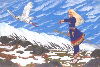 Sami girl hunting with snowyowl. Fomin Nikolay