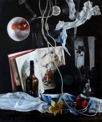 Black still life with red lamp