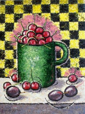 Cherries on checkered background