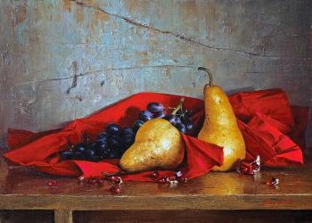 Still life with pears in red paper. Mazur Nikolay