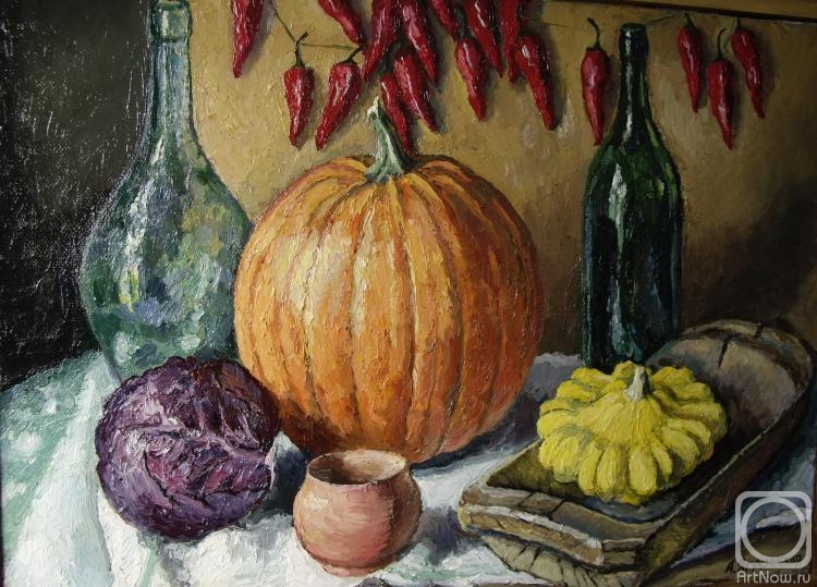 Yaguzhinskaya Anna. Still life with red cabbage and pumpkin