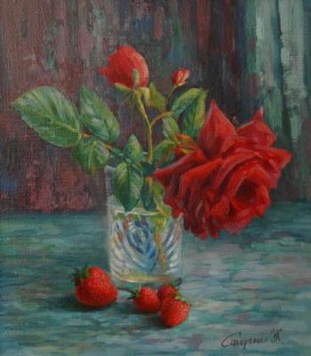 Rose in a glass and strawberries. Sidorenko Shanna