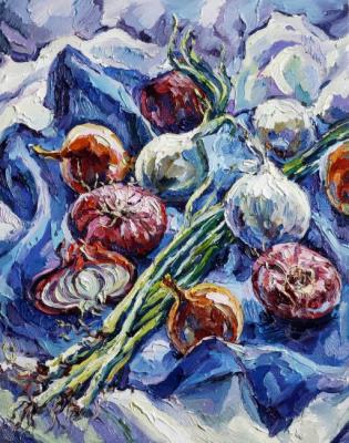 Onions. Still Life in dark and light blue. Filippova Ksenia