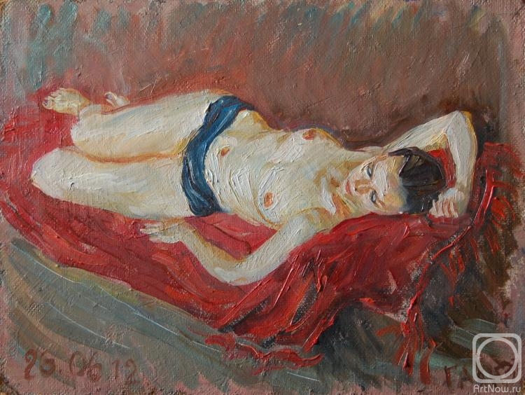 Dobrovolskaya Gayane. Naked girl liing on red velvet