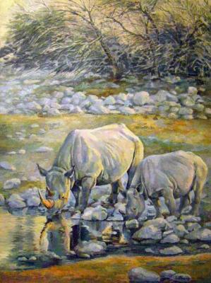 Rhinoceroses on a watering place. Berezina Elena