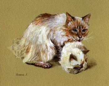 White cat with kitten. Lesokhina Lubov
