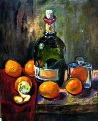 Green bottle and oranges. Ixygon Sergei