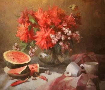 Still life with dahlias and watermelon