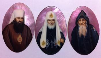 Metropolitan Nikodim (Rotov) of Leningrad and Novgorod, Patriarch Kirill, Elder Eli. Mother-of-pearl inserts in the Easter Egg (set) ( ). Sidikova Anna