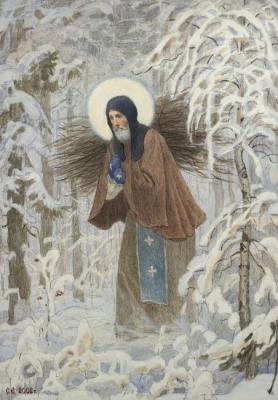 Saint Sergius of Radonezh. Behind the firewood