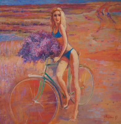 Cyclist with immortelle flowers. Vyrvich Valentin