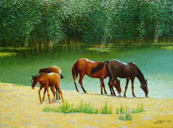 Noon. Horses at the watering hole. Litvinenko Gennadiy