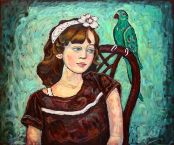 Portrait with a green parrot